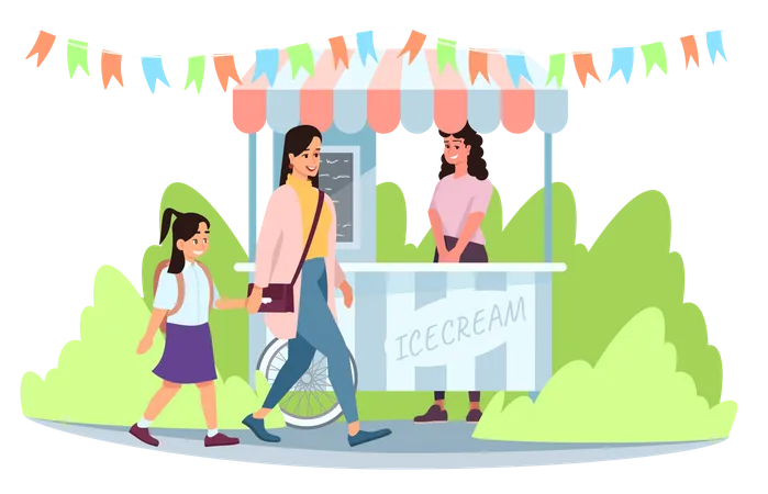 Ice cream street market cart with seller Illustration