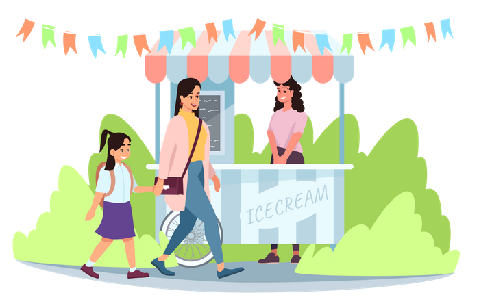 Ice cream street market cart with seller  Illustration