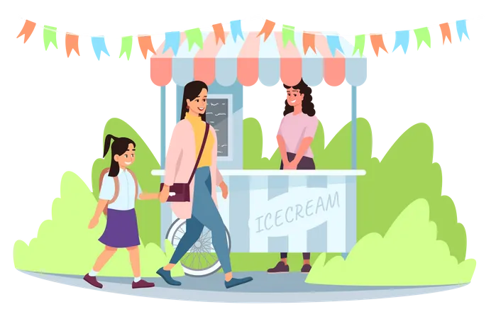 Ice cream street market cart with seller  Illustration