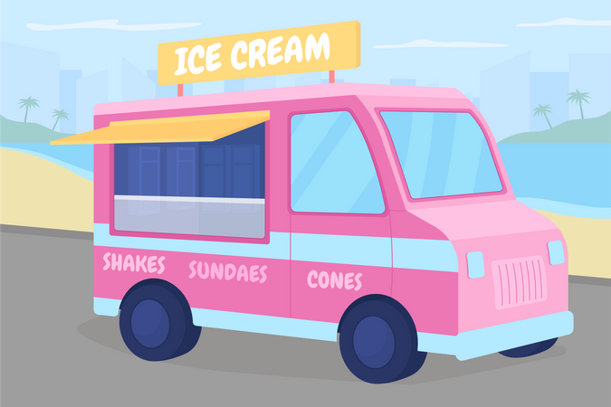 Ice cream truck on beach  Illustration
