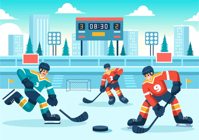 Ice Hockey Player Sport Vector Illustration Featuring A Helmet Stick Puck And Skates On An Ice Surface For Game Or Championship In A Flat Cartoon Illustration