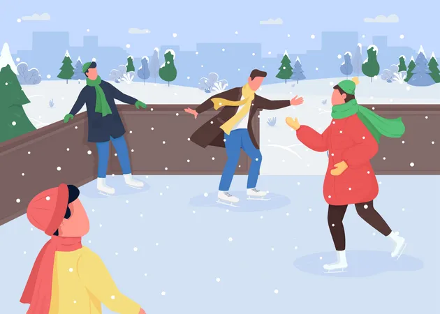 Ice Skating Flat Color Vector Illustration Winter Activities Ideas Snow Sports Ice Skating Rink Outdoor Christmas Time Sporty 2 D Cartoon Characters With Snowy Forest On Background Illustration