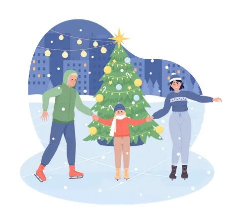 Ice Skating With Family 2 D Vector Isolated Illustration Holiday Recreation Flat Characters On Cartoon Background Christmastime Colourful Editable Scene For Mobile Website Presentation Illustration