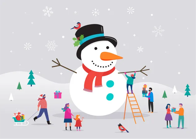 Merry Christmas Card Template Background Bannner With Huge Snowman And Small People Young Men And Women Families Having Fun In Snow Illustration