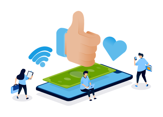 Iconos de "Me gusta" y "Me gusta" en aplicaciones financieras móviles para servicios bancarios y funciones de inversión inteligente  Ilustración