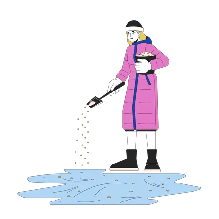 Icy Walkway Prevention Line Cartoon Flat Illustration Caucasian Woman Treating Ice On Sidewalk 2 D Lineart Character Isolated On White Background Spreading Sand On Road Scene Vector Color Image Illustration