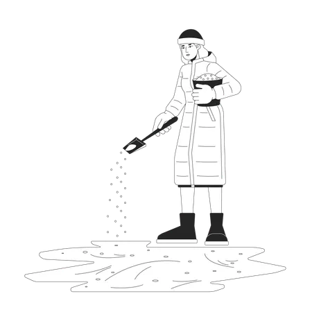 Icy Walkway Prevention Black And White Cartoon Flat Illustration Caucasian Woman Treating Ice On Sidewalk 2 D Lineart Character Isolated Spreading Sand On Road Monochrome Scene Vector Outline Image Illustration