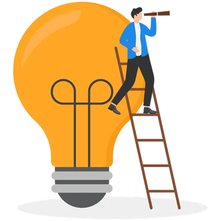 Idea Development For Career Growth Accumulate Knowledge Creativity Or Skill To Help Life Better Concept Businessman Climbing Up Ladder To Stand On Big Idea Light Bulb Illustration