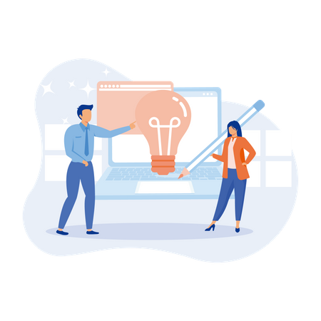 Idea finding illustration. Characters standing near light bulbs and celebrating success. People generating creative business ideas. Business solution concept. flat vector illustration  Illustration
