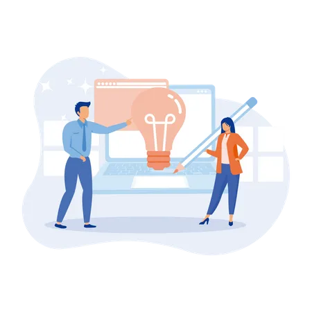 Idea finding illustration. Characters standing near light bulbs and celebrating success. People generating creative business ideas. Business solution concept. flat vector illustration  Illustration