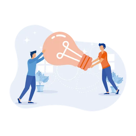 Idea finding illustration. Characters standing near light bulbs and celebrating success. People generating creative business ideas. Business solution concept. flat vector illustration  Illustration