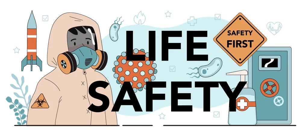 Life Safety Typographic Header Idea Of Healthy Lifestyle And Health Care Education Basic Life Safety Traffic Rules First Aid Virus Prevention Flat Vector Illustration Illustration