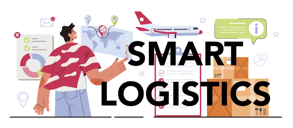 Smart Logistics Typographic Header Idea Of Modern Transportation And Distribution Technologies Drone Delivery And Cargo Tracking Flat Vector Illustration Illustration
