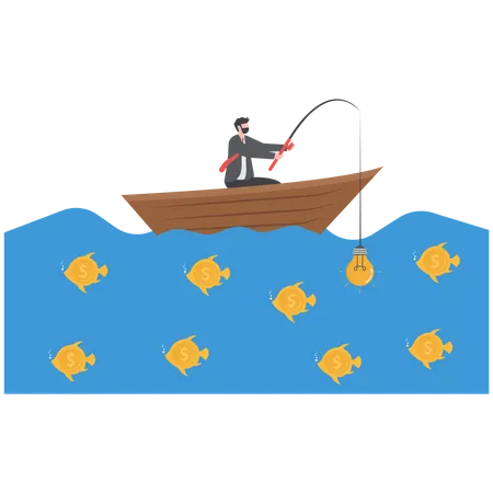 Ideas To Attract Money And Investments Businessman Sitting On A Boat And Dollar Fishing Illustration