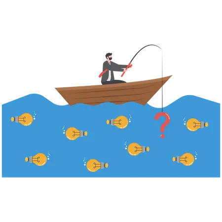 Ideas To Solve Problems Businessman Sitting On A Boat And Question Marks Fishing Illustration