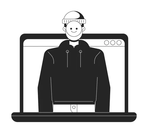 Identity Theft On Laptop Bw Concept Vector Spot Illustration Stolen Personality Hacker 2 D Cartoon Flat Line Monochromatic Character For Web UI Design Cybercrime Disable Isolated Color Hero Image Illustration