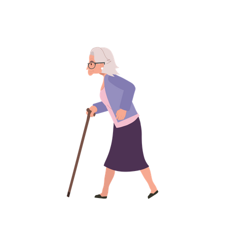 Mulher idosa andando com bastão de bengala  Ilustração