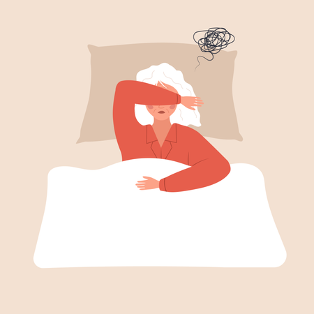 Mulher idosa cansada, deitada na cama e sofrendo de dor de cabeça  Ilustração