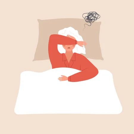 Mulher idosa cansada, deitada na cama e sofrendo de dor de cabeça  Ilustração