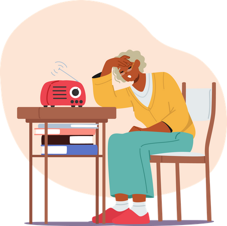 Mulher idosa cansada sentada à mesa com olhar triste  Ilustração