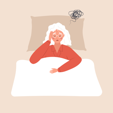 Mulher idosa cansada sofre de dor de cabeça  Ilustração