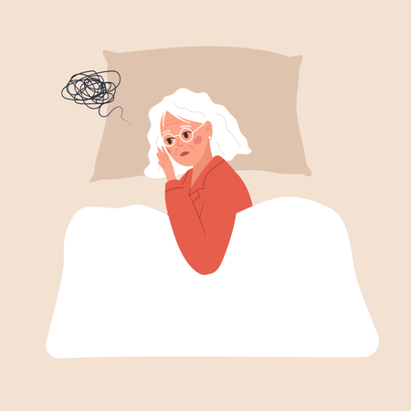 Mulher idosa cansada sofre de insônia  Ilustração