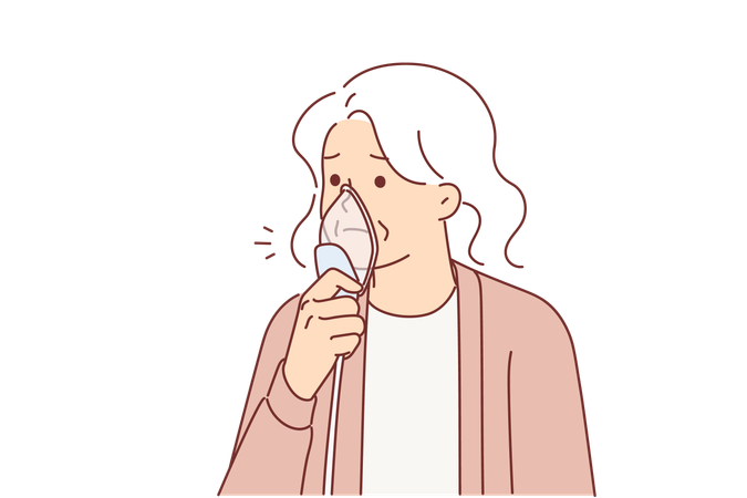 Mulher idosa com máscara de oxigênio  Ilustração