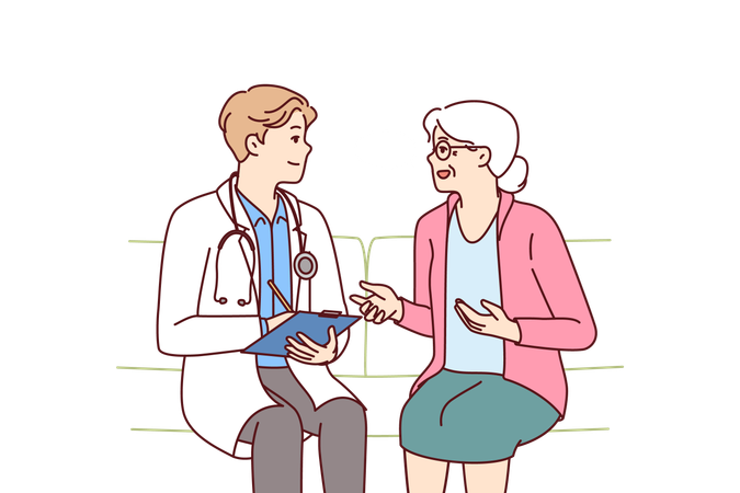 Mulher idosa com médico sentada no sofá reclamando com funcionário do hospital sobre problemas de saúde  Ilustração
