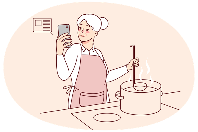 Mulher idosa cozinhando com receita no celular  Ilustração