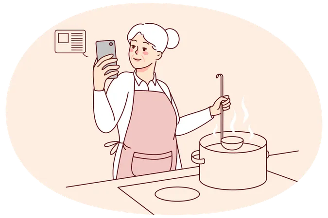 Mulher idosa cozinhando com receita no celular  Ilustração