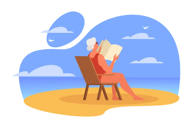 Mulher idosa lendo livro enquanto está sentado na praia  Ilustração