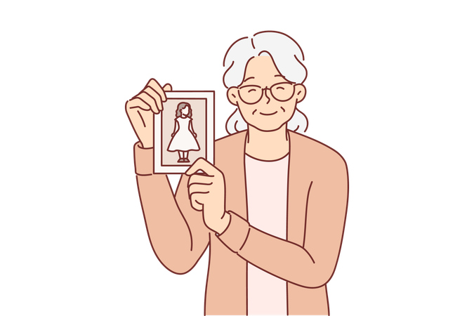 Mulher idosa mostra foto de menina e sorri  Ilustração