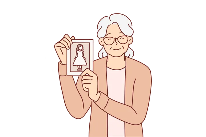Mulher idosa mostra foto de menina e sorri  Ilustração