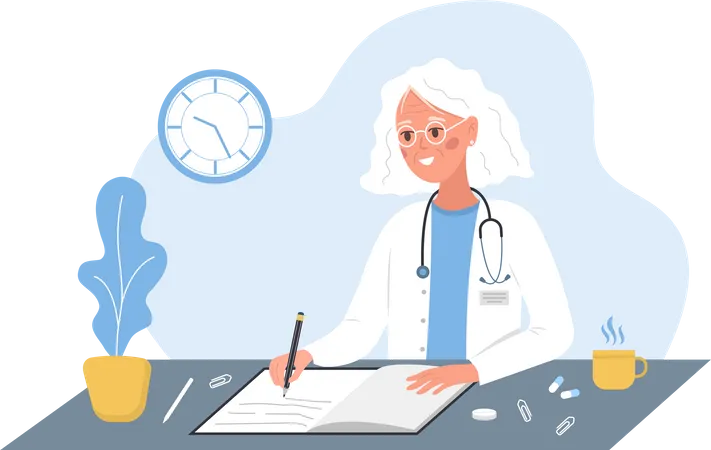 Médica idosa escrevendo prescrição médica  Ilustração