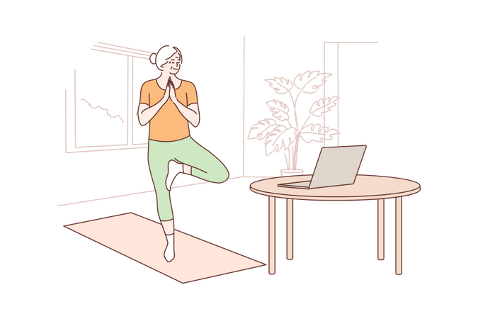 Mulher idosa praticando ioga em tutorial on-line  Ilustração