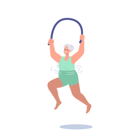 Mulher idosa fazendo exercícios de hidroginástica nadando com macarrão na piscina de água  Ilustração