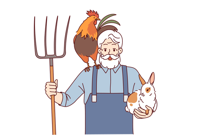 Agricultor idoso envolvido na agricultura e pecuária segura ancinho e coelho com galo  Ilustração