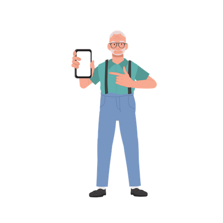 Homem idoso apontando o dedo para smartphone  Ilustração