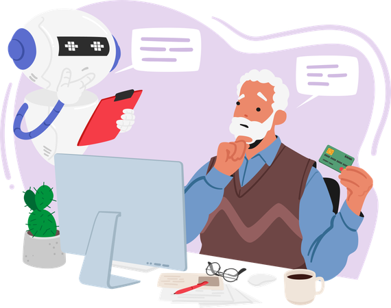 Idoso busca ajuda de chatbot para fazer pagamento com cartão  Ilustração