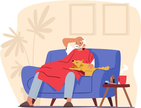 Homem idoso com termômetro na boca, sentado no sofá coberto com cobertor  Ilustração