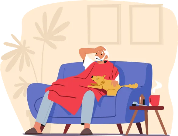 Homem Idoso Com Termometro Na Boca Sentado No Sofa Coberto Com Cobertor Velho Medindo A Temperatura Personagem Senior Sofre De Febre Devido A Covid Ou Gripe Ilustra O Vetorial De Pessoas Dos Desenhos Animados Ilustração
