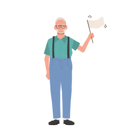 Homem idoso emocional com bandeira branca na aposentadoria  Ilustração