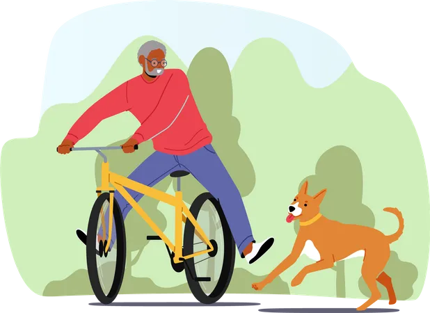 Homem africano idoso andando de bicicleta com cachorro no parque da cidade  Ilustração