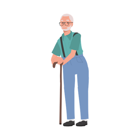 Homem idoso sorridente com bastão de bengala  Ilustração