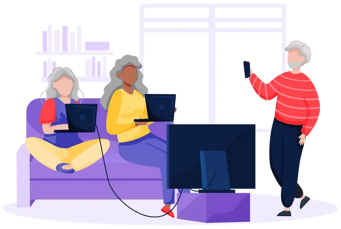 Pessoas idosas usando computador e tecnologia  Ilustração
