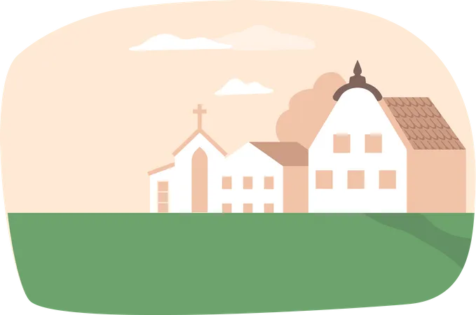 Idyllic Countryside Scene Featuring A Picturesque Catholic Church And Charming Cottage Nestled Within A Serene Landscape Creating A Peaceful And Harmonious Atmosphere Cartoon Vector Illustration Illustration