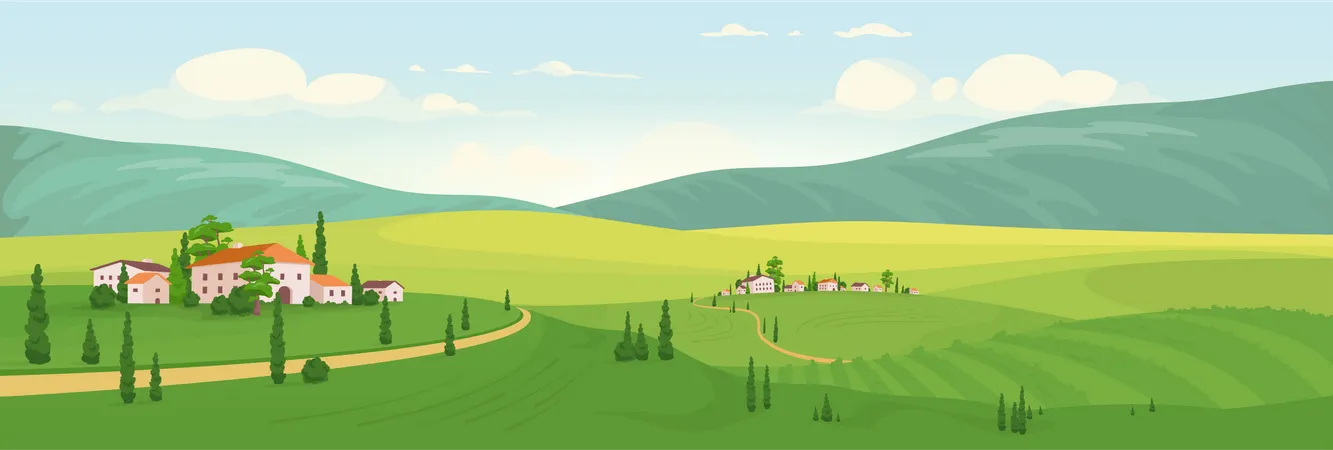 Idyllic Rural Scenery Illustration