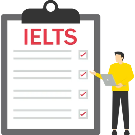 IELTS International English Language Testing System With The Character Of A Small Person With An English Proficiency Test Flat Vector Illustration Concept Illustration