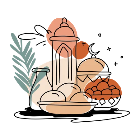 Elegant Ramadan Food Moon Flat Illustration Sticker Islamic Decal Muslim Festive Decor Eid Al Fitr Decoration Illustration