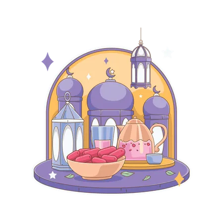 Iftar food and drink in front of mosque  Illustration